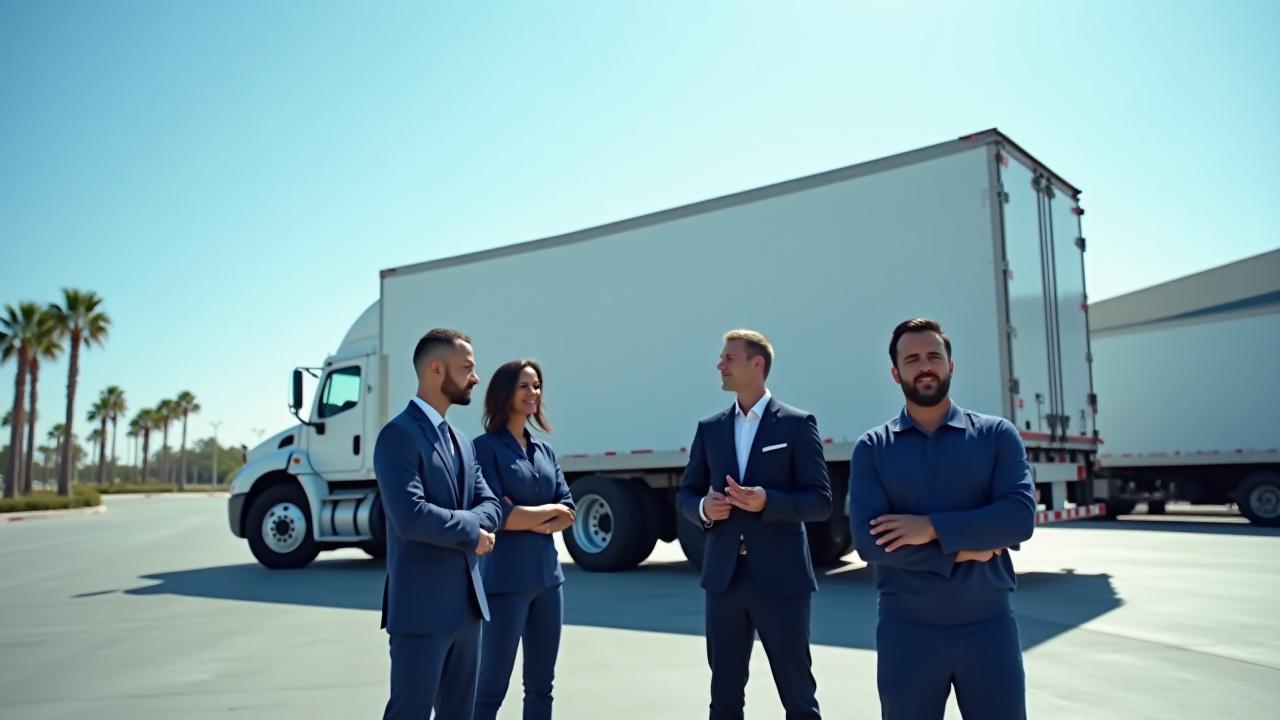 All Around Moving team members standing professionally by a logistics truck in South Florida
