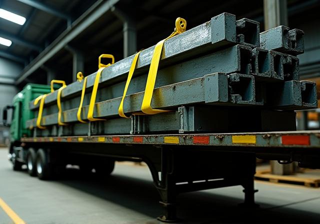 Industrial flatbed truck carrying construction materials