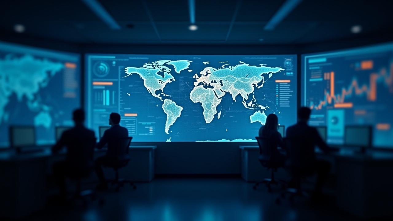 Modern logistics command center with advanced network tracking displays