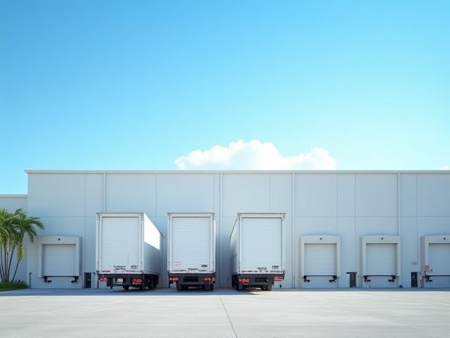 Exterior view of loading docks with freight trucks